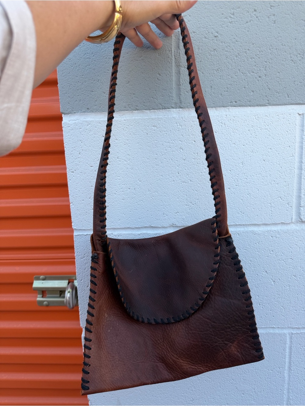 Brown Leather Whipstitch Shoulder Bag